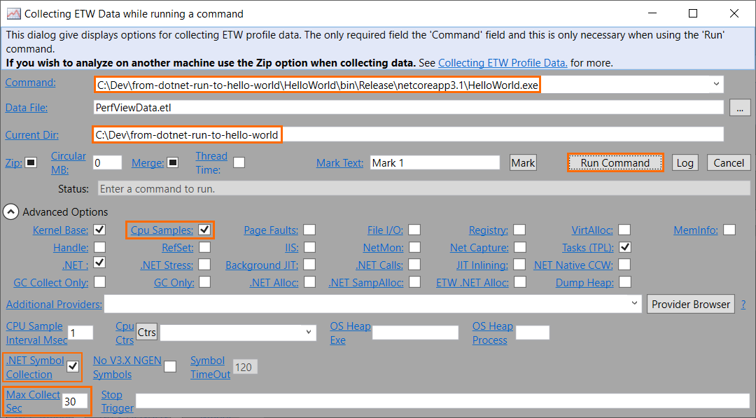 PerfView - Collection Options - annotated